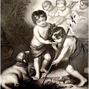 Infant Savior Saint John Engraving 1859 Victorian Religious Angels Art DWY5E